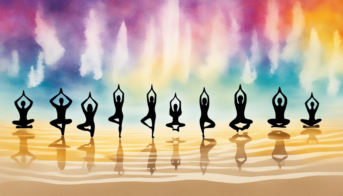 Create an image of a peaceful scene with silhouettes of people practicing yoga and surrounded by a glowing aura. Incorporate a visual representation of affirmations and mantras, such as glowing words floating in the air or written in the sand. The colors should be warm and vibrant, evoking a sense of positivity and empowerment. The atmosphere should be calm and serene, with the focus on the words and the energy they bring. Let the image convey the power of positive thinking and the importance of manifesting your dreams.