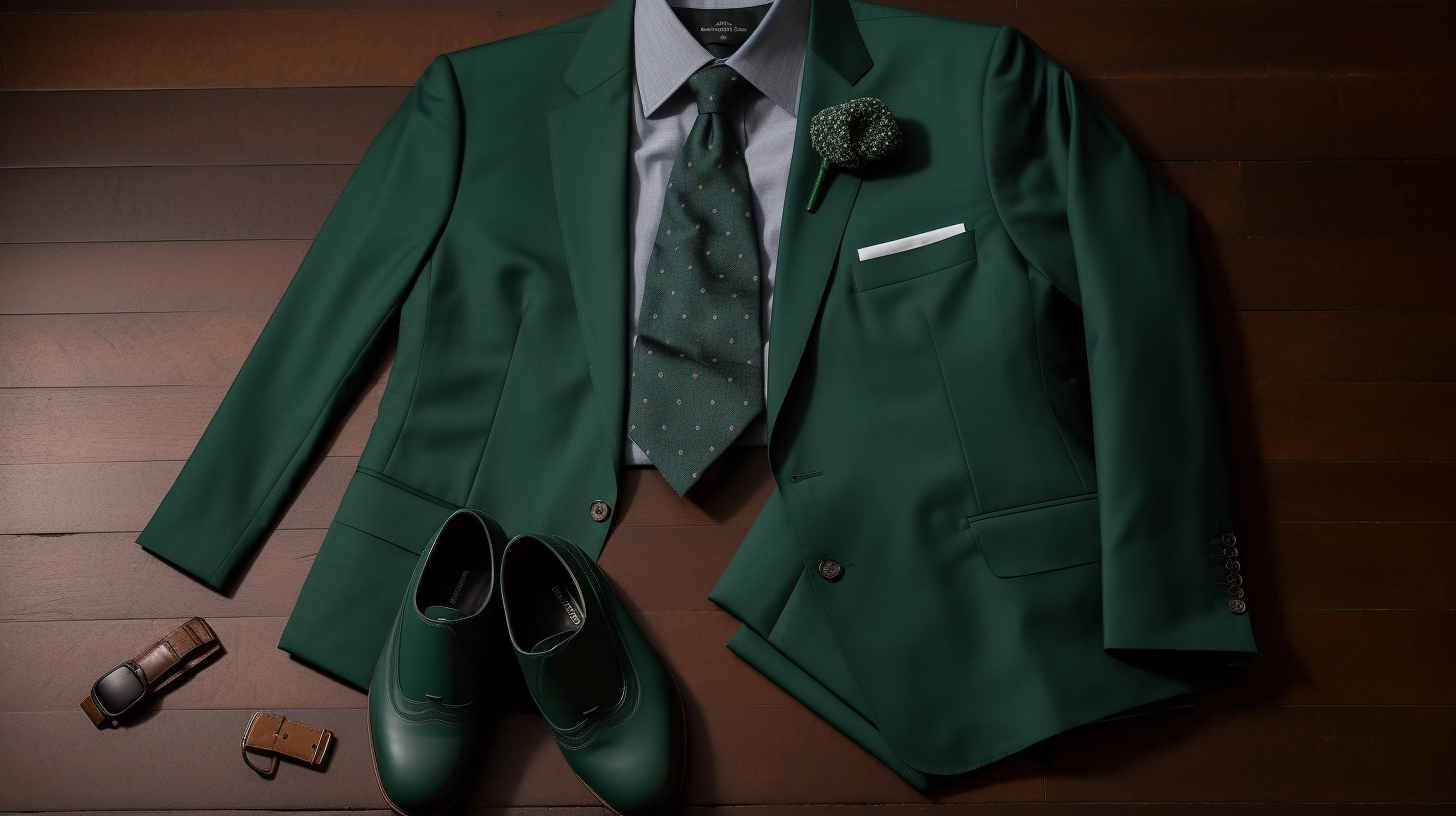 
Full-body shot of a green suit, featuring a sharp, well-tailored fit for a formal or semi-formal event. The suit is a rich, deep green shade that stands out yet remains sophisticated. Paired with a crisp white dress shirt, a complementing tie (either solid or patterned), and polished leather shoes. The look is completed with subtle accessories like a pocket square and a watch, creating a refined and confident appearance. The background is a simple, elegant setting, highlighting the boldness and style of the green suit.