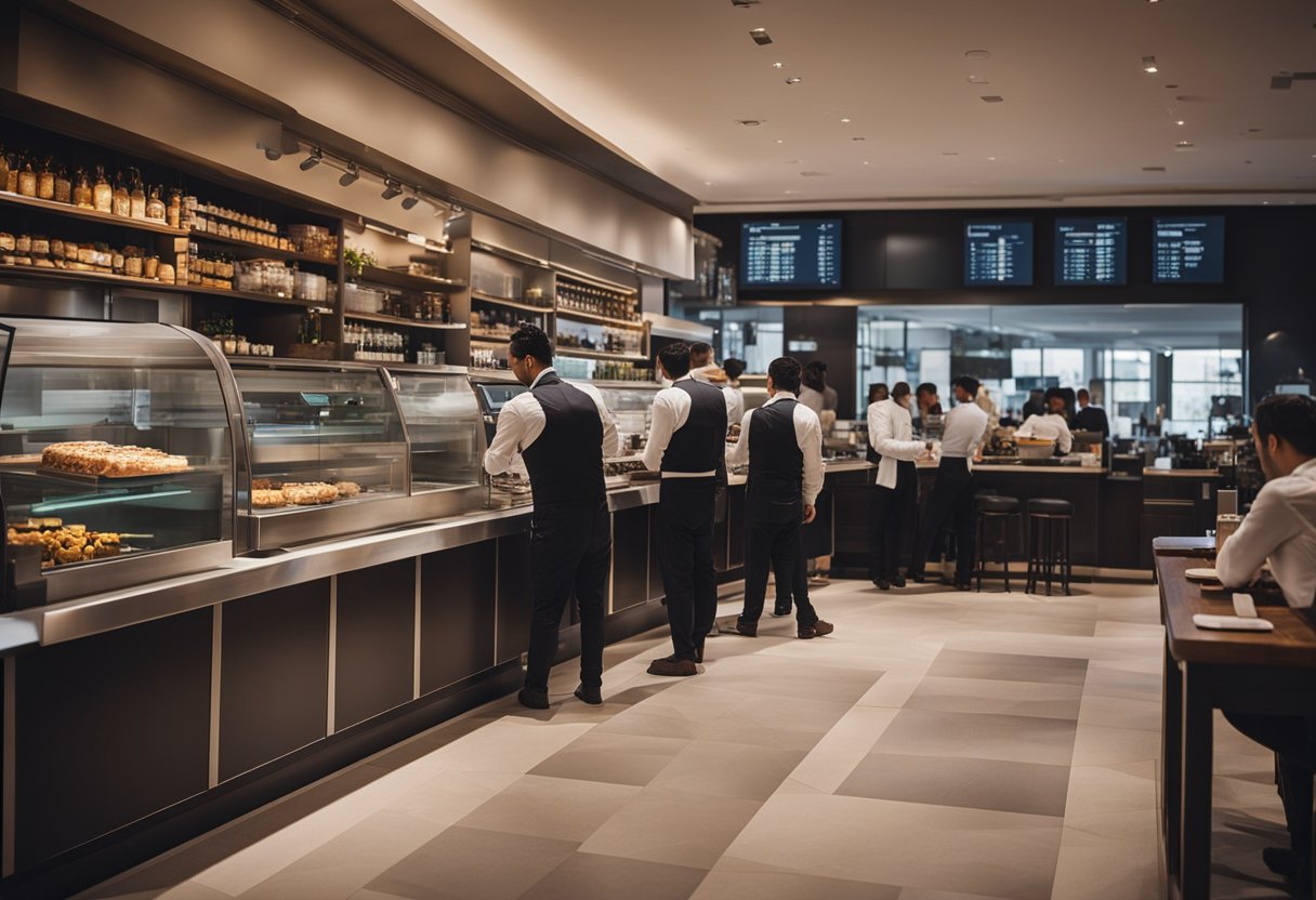 A bustling restaurant with a modern and sleek POS system at the counter, as staff members efficiently take orders and process payments