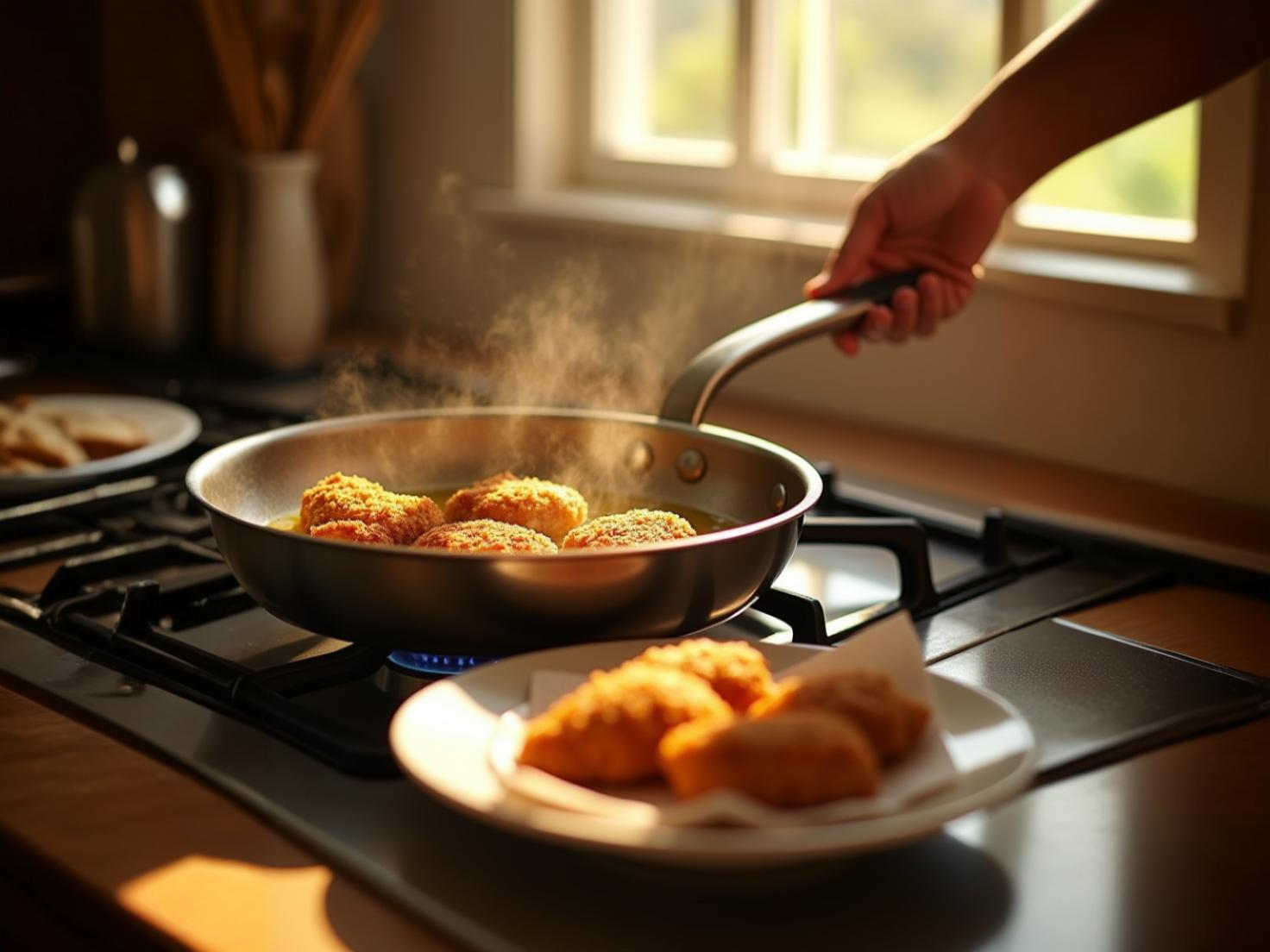 frying chicken cutlets in a pan filled with oil
