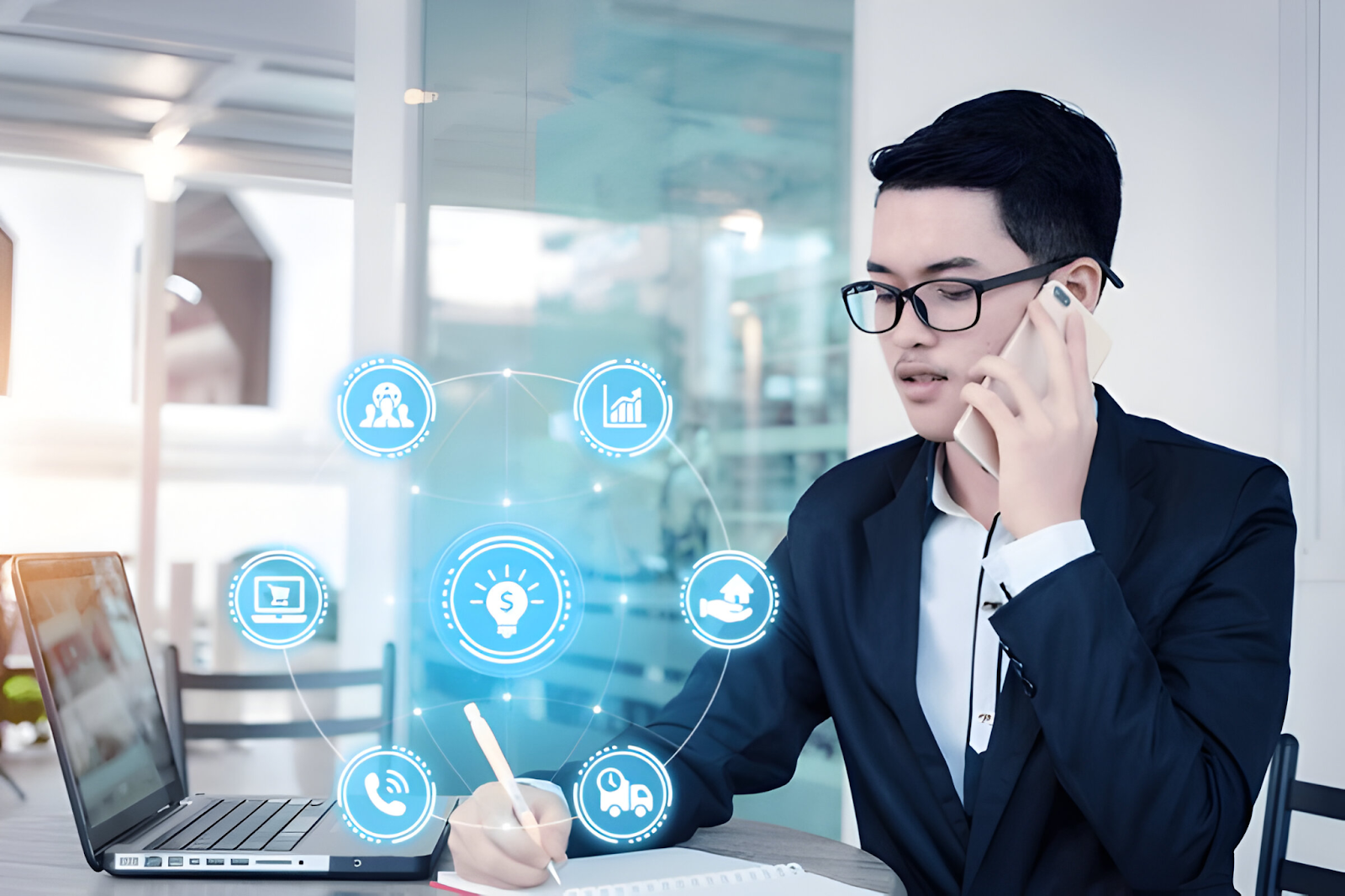 Accountant recording transactions on a notepad while talking on the phone, surrounded by digital icons representing financial data and recording processes.