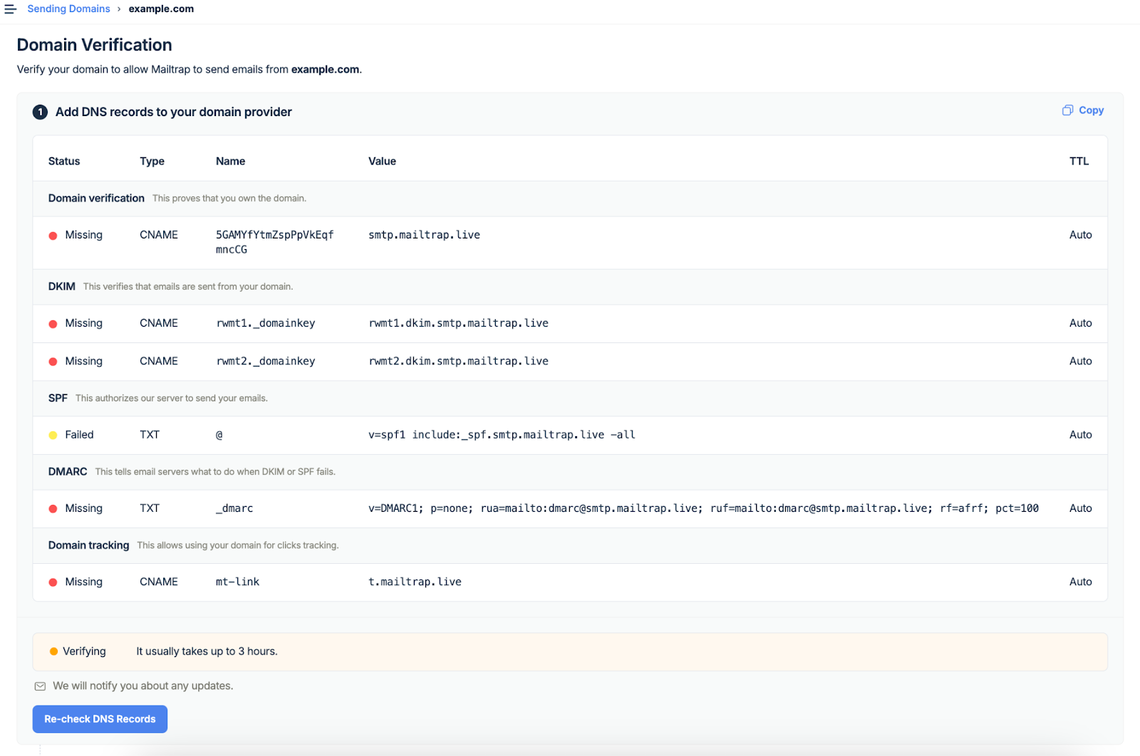 Mailtrap DNS records menu