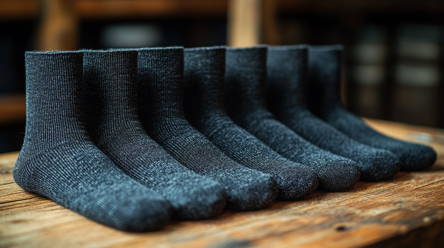 Black or navy socks, neatly arranged in a wooden surface. They look clean and polished, ready to complement a formal navy suit. Small patterned socks are neatly folded, showcasing their subtle design against a plain background.