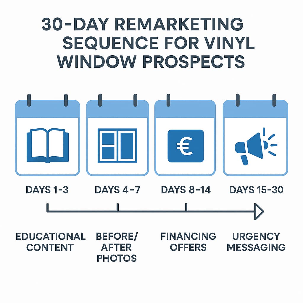 30-day Facebook ad sequence timeline for vinyl window installation leads nurturing prospects through decision journey.
