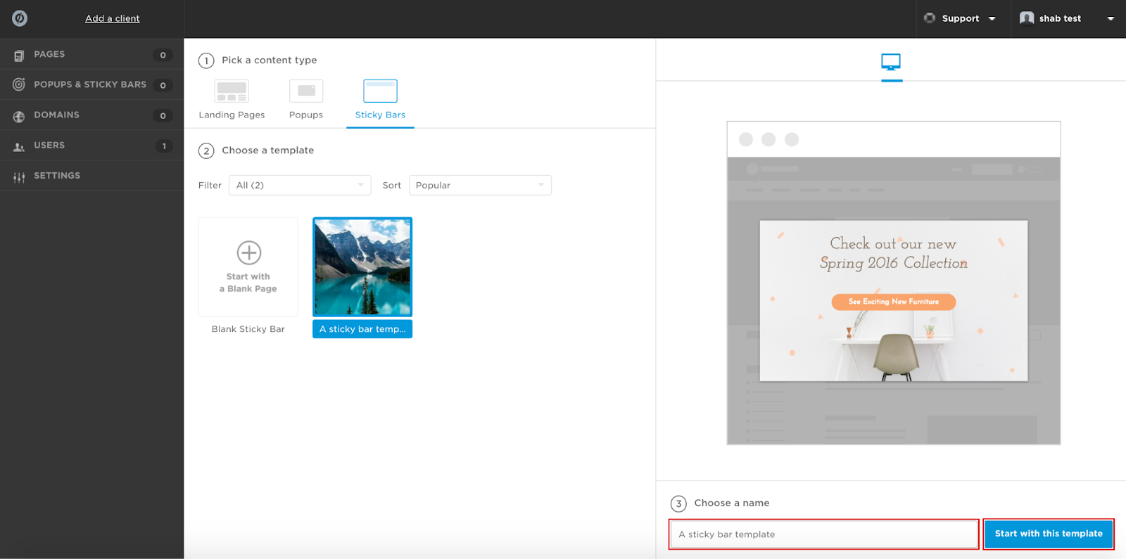 User interface screenshot of sticky bar creation in Unbounce