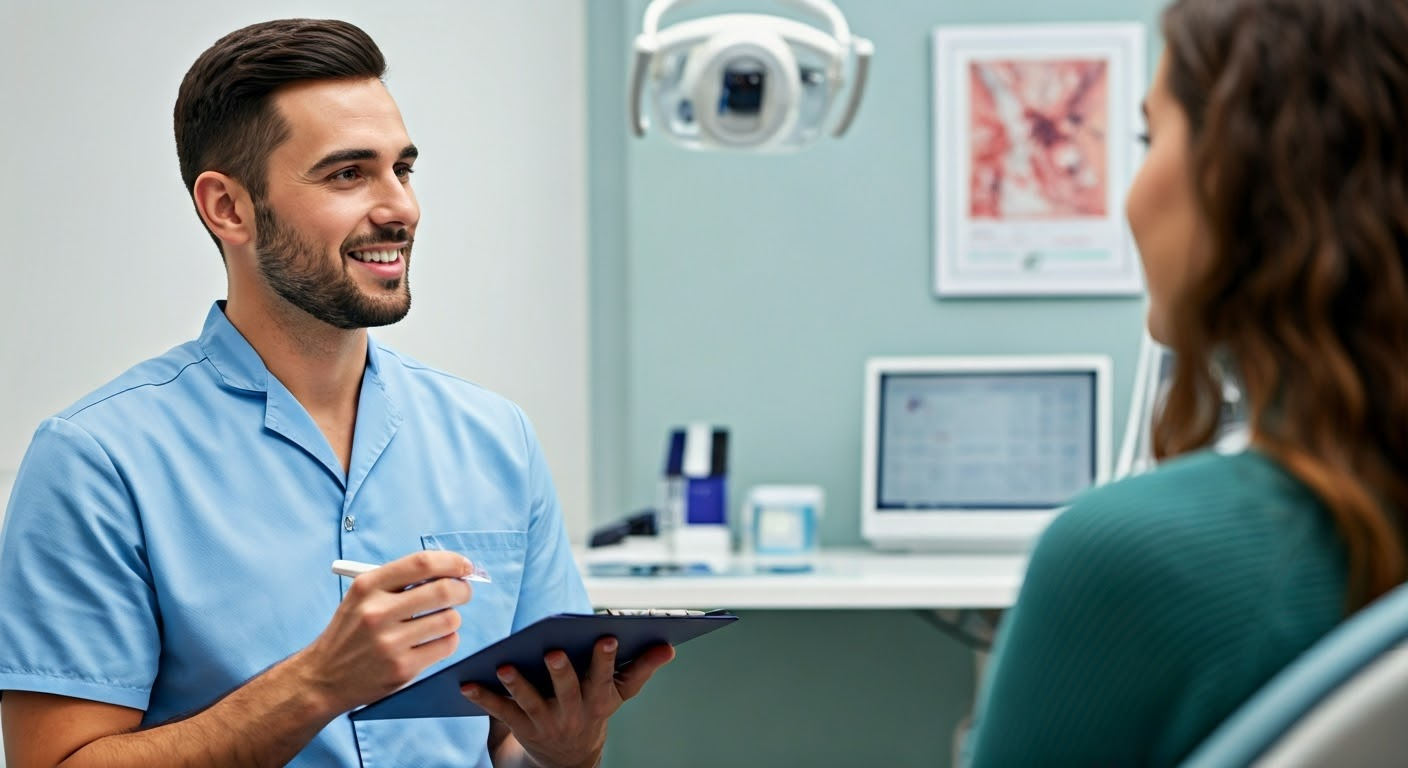 Dentist discussing insurance options with patient.