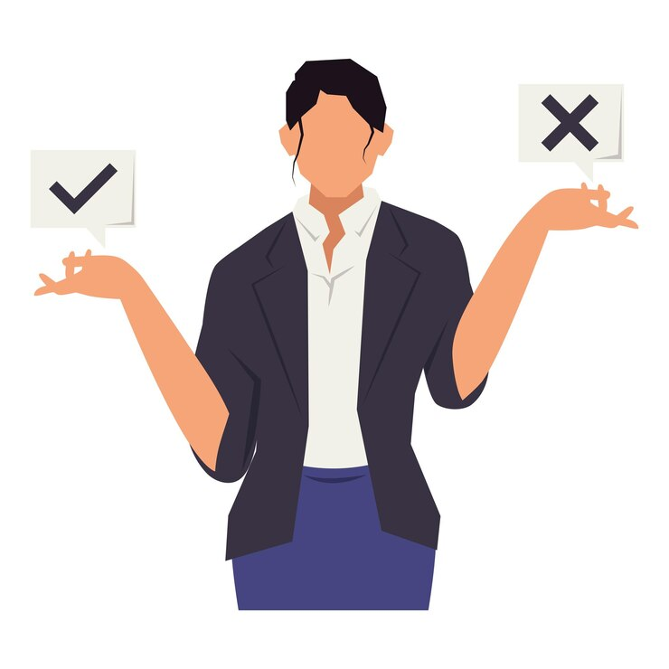 Illustration of a girl holding a check mark and a cross to illustrate mistakes to avoid while writing your first blog post