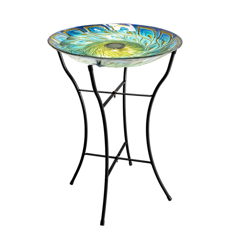 Spring Hill Nurseries Iridescent Solar Birdbath, a vibrant glass bowl with a powder-coated metal stand and solar-powered lighting, adding a colorful glow and charm to your garden, ideal for nighttime birdwatching and outdoor ambiance.