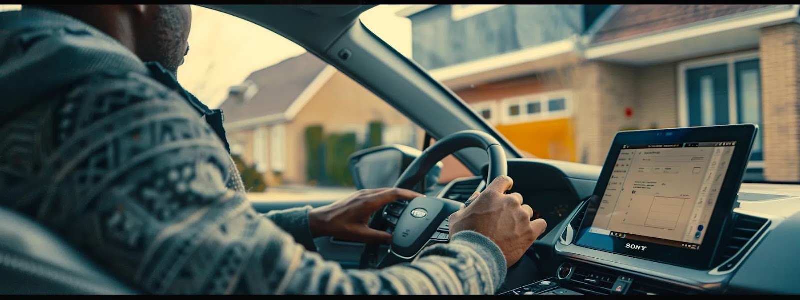 a person driving a car equipped with advanced safety features, adjusting their deductibles, and comparing insurance rates on a laptop at home.