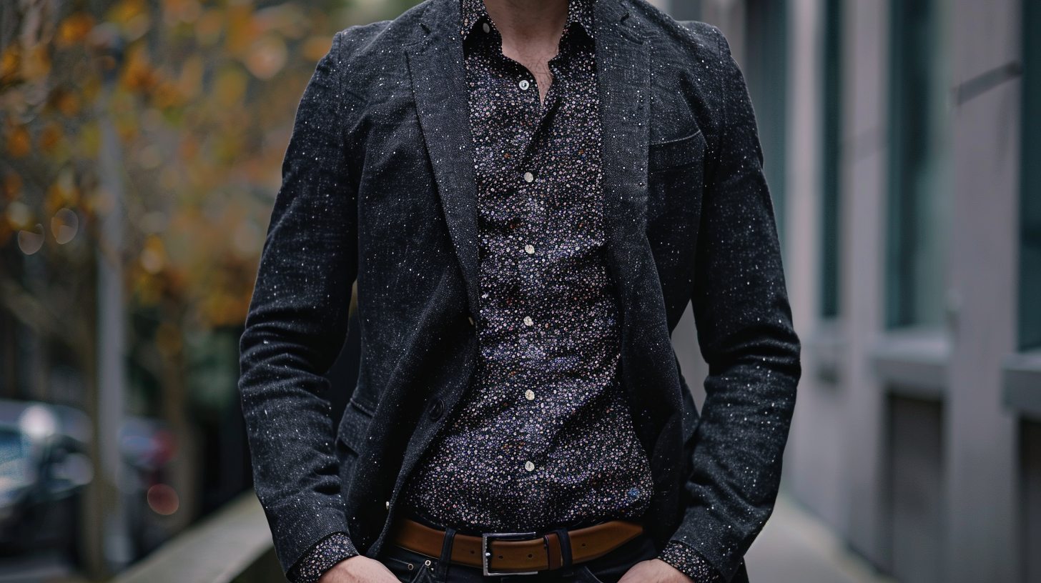 Man in a black jacket over a subtly patterned shirt (dots or floral), paired with black or dark trousers, minimalist backdrop for a trendy, date-night look.