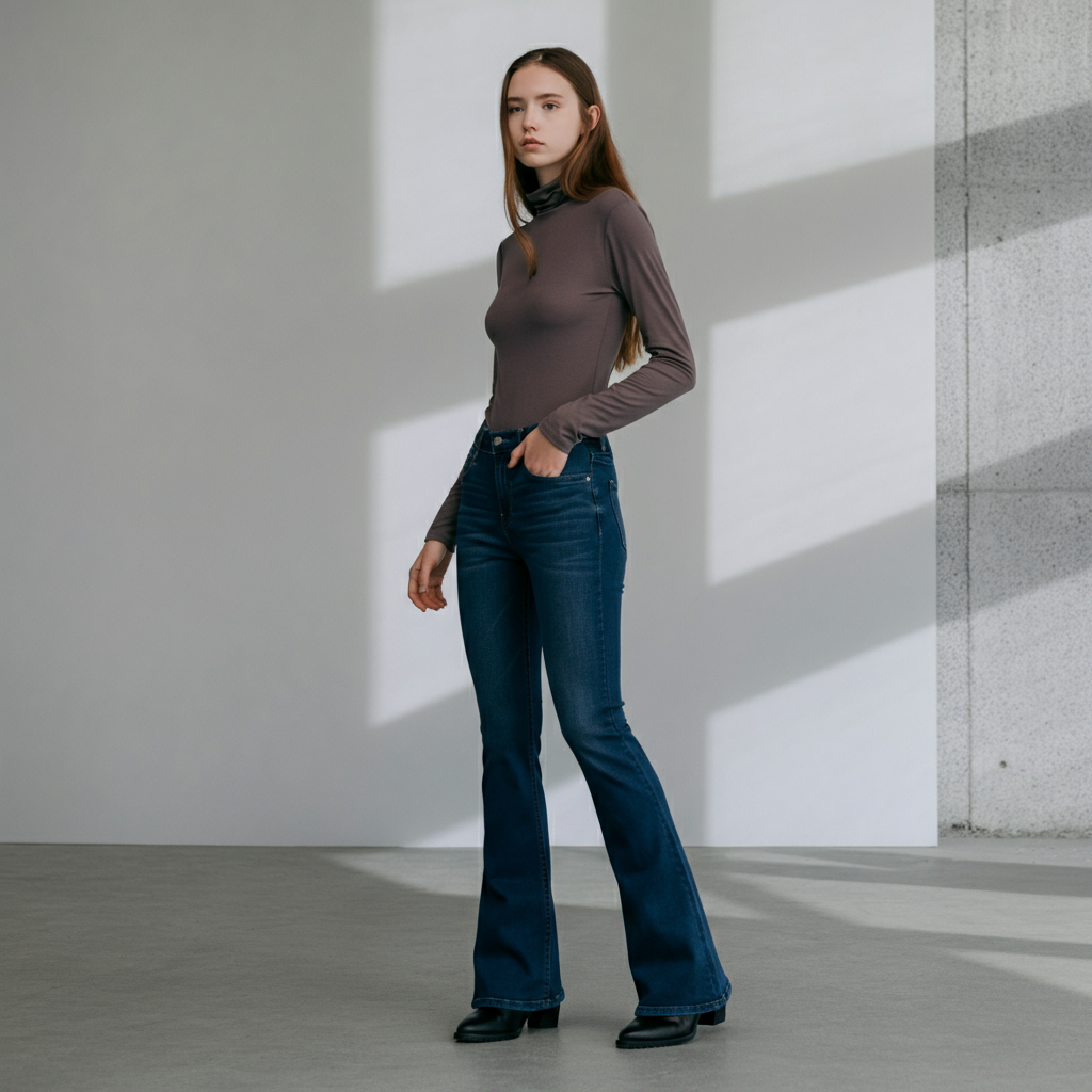 Woman in flare jeans with fitted turtleneck