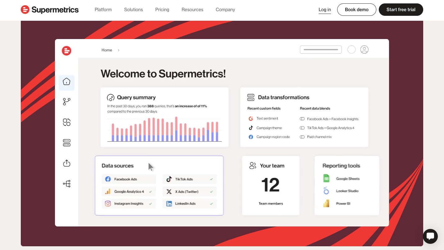 Supermetrics marketing analytics software interface displaying data integration with Google Ads, Facebook Ads, and Google Analytics 4 for multi-platform campaign reporting.
