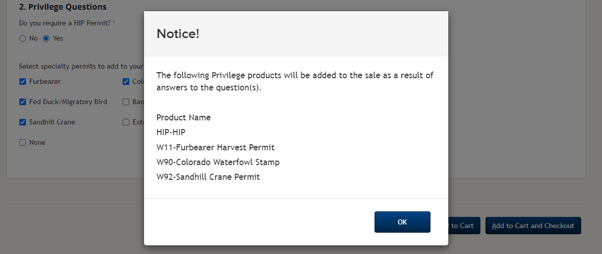 Notice alert regarding the specialty permits selected that will be added to the transaction