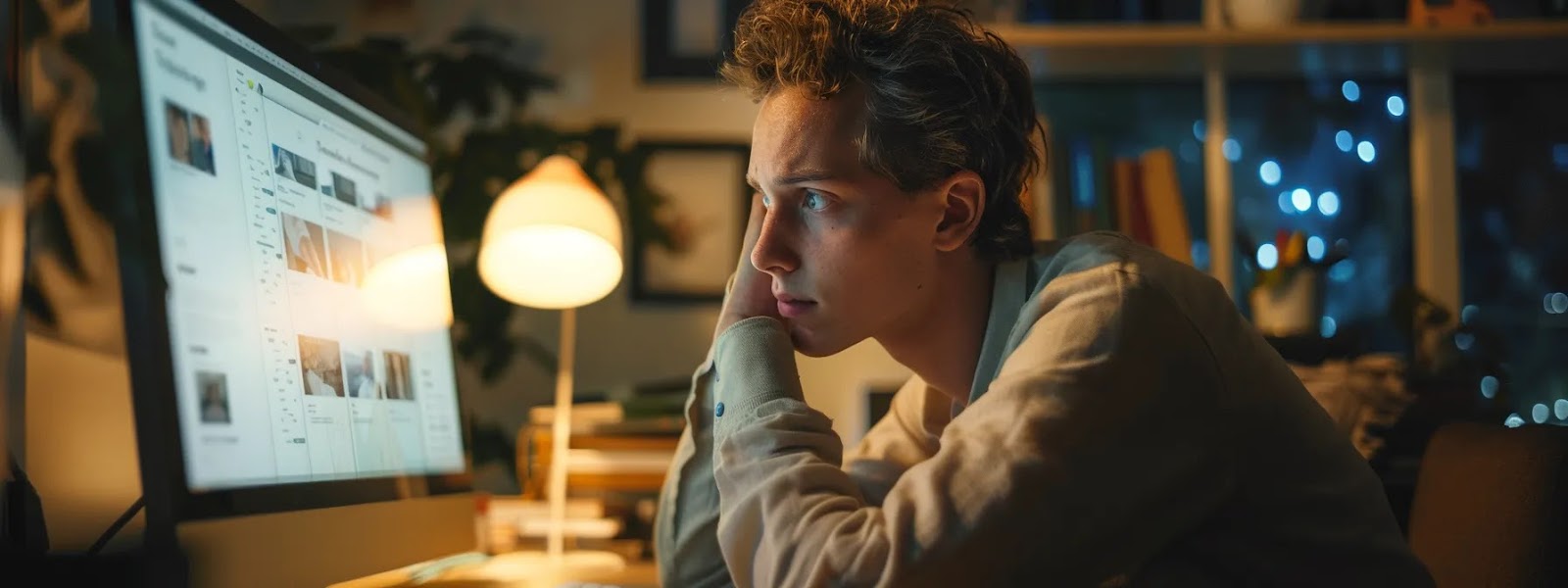 a person sitting at a computer, looking at a screen displaying various estate planning software options with a thoughtful expression.