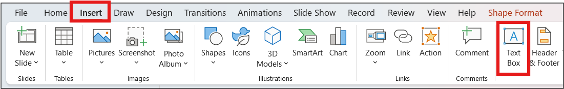 Insert > Text Box option is highlighted in the PowerPoint Standard toolbar.