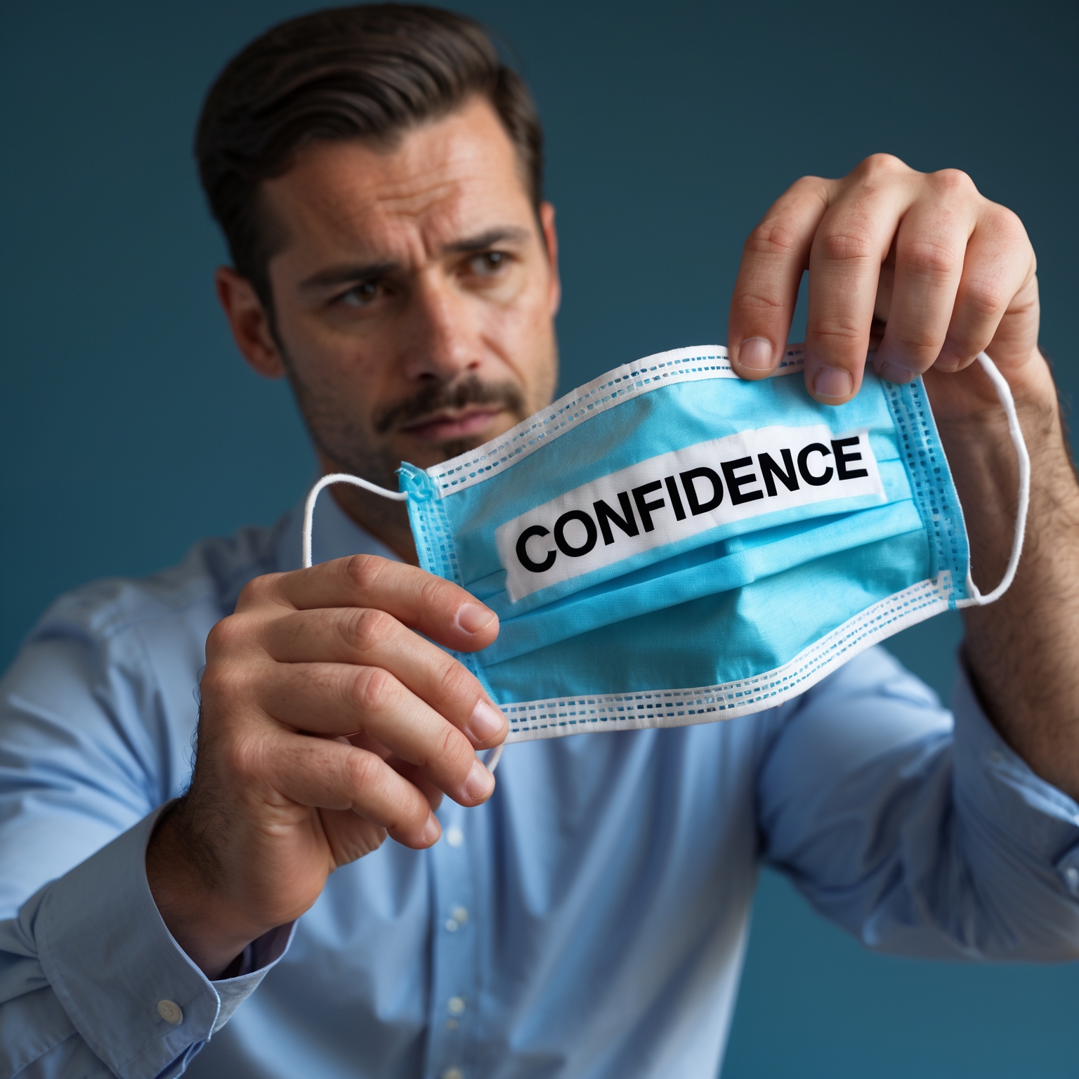 A man reaching for a mask labeled “Confidence,” hesitating – Symbolizing the internal battle of self-worth.