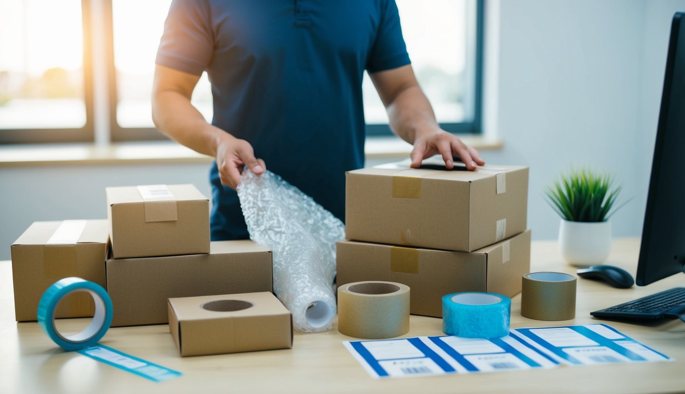 A person selecting various packaging materials for ecommerce, including boxes, bubble wrap, and tape, with a computer and shipping labels nearby