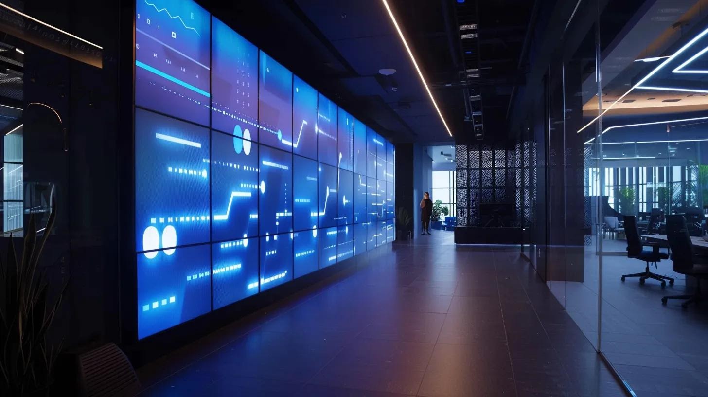 a sleek, modern office space featuring a large interactive digital screen displaying futuristic branding strategies, illuminated by vibrant led lights that reflect the energy of the digital age.