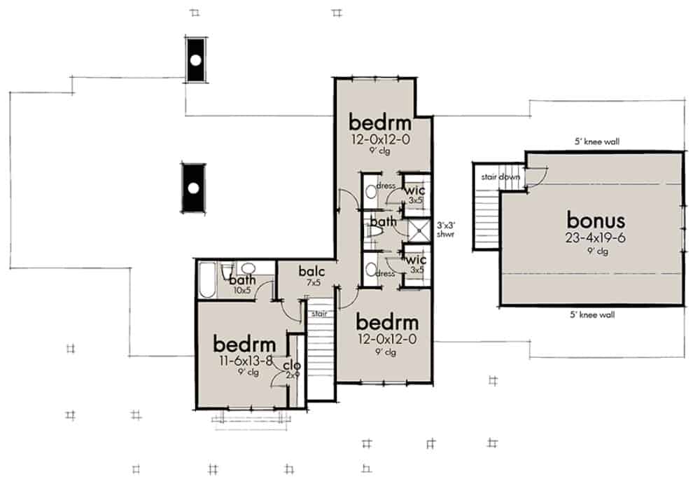 Second level floor plan with three bedrooms and a bonus room above the garage.