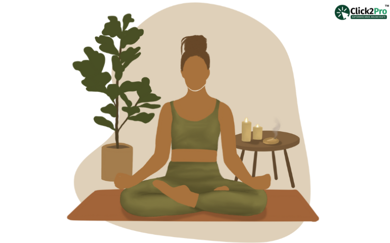 Mindfulness practice: Woman meditating in a calm indoor setting with candles and a plant for serenity.