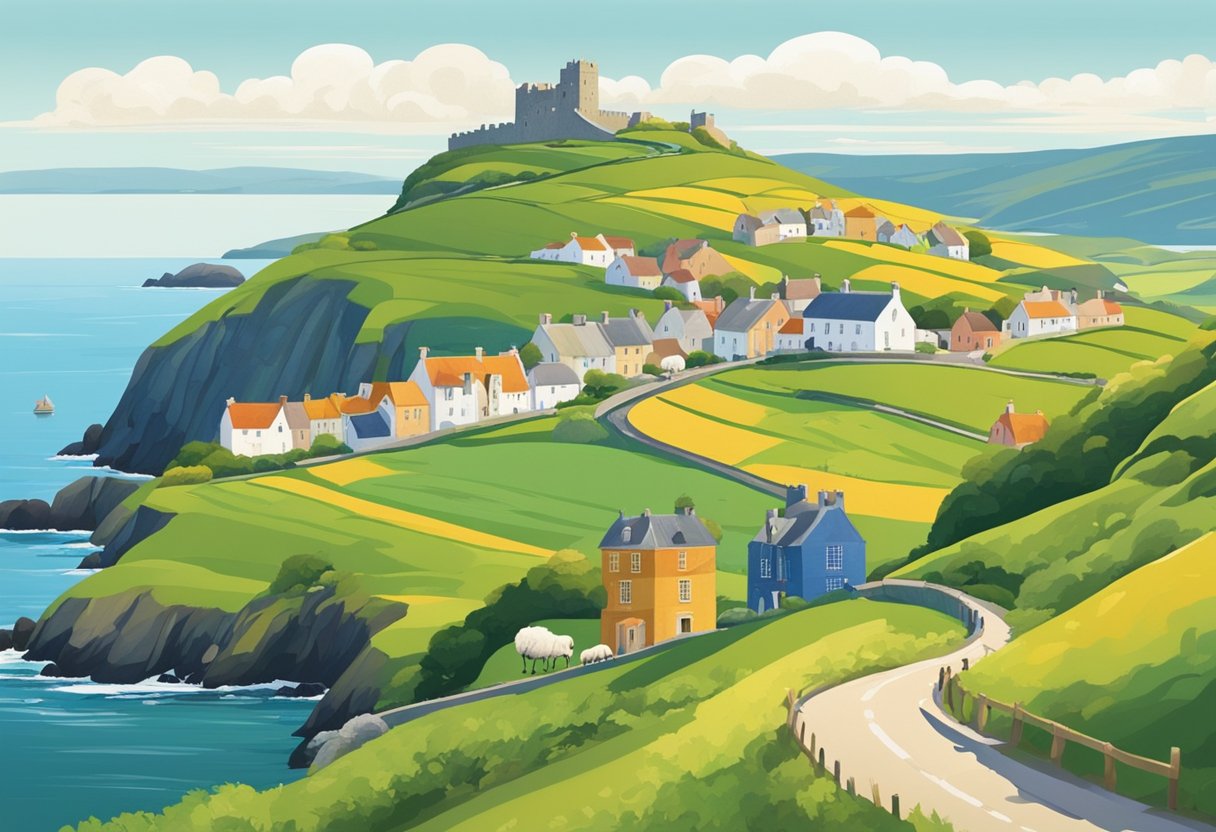 Rolling green hills dotted with sheep, ancient castles perched on rocky cliffs, and charming coastal villages with colorful houses. A winding road leads through the picturesque Irish countryside