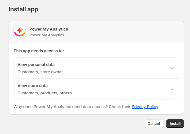 Power My Analytics Permissions Dialogue Box.