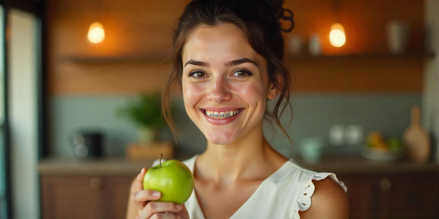 Young woman with dental braces smiling and holding a green apple in a modern kitchen setting.