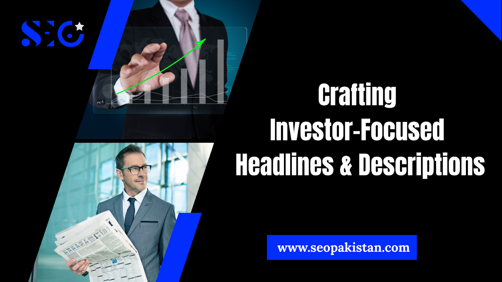 A businessman showing a graph with an upward trend, while another man holds newspapers. 