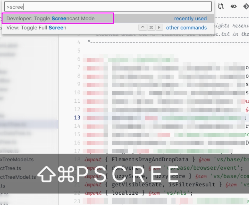 A screenshot showing Screencast Mode in action, with keystrokes appearing at the bottom of the editor.