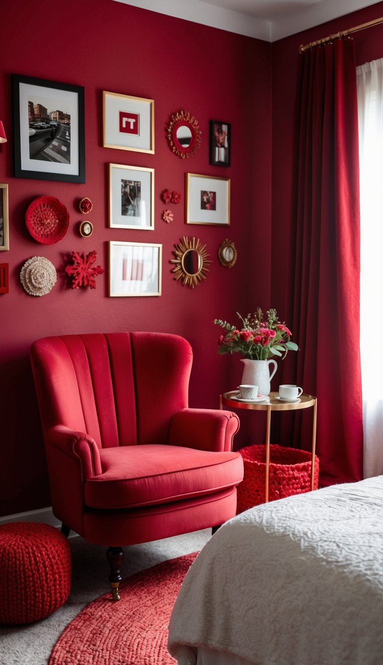 A cozy red bedroom with a Sangria Upholstered Chair, surrounded by 25 red-themed decor ideas