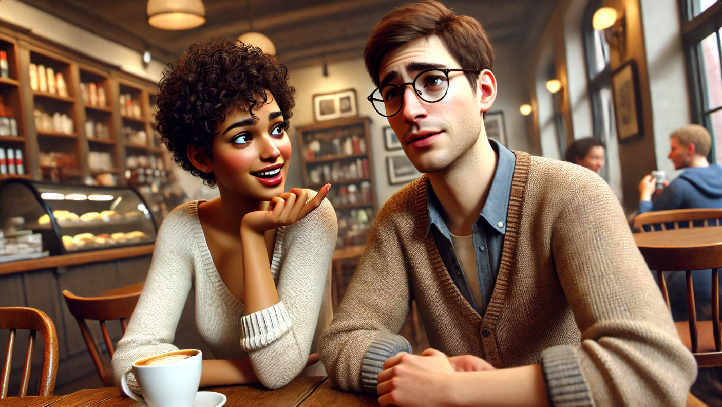 A cozy café scene featuring a cheerful woman with curly hair and a warm smile engaging in conversation with a slightly shy man wearing glasses and a beige cardigan. They sit at a wooden table with a cup of coffee, surrounded by bookshelves, soft lighting, and other patrons enjoying their time in the background.