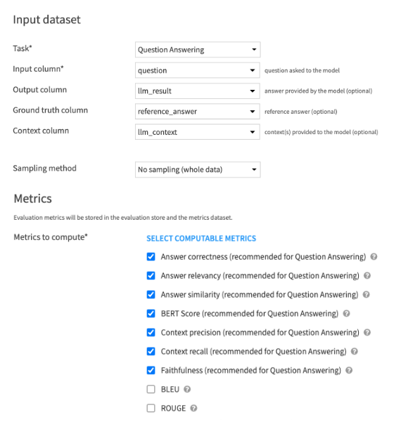 input dataset and metrics