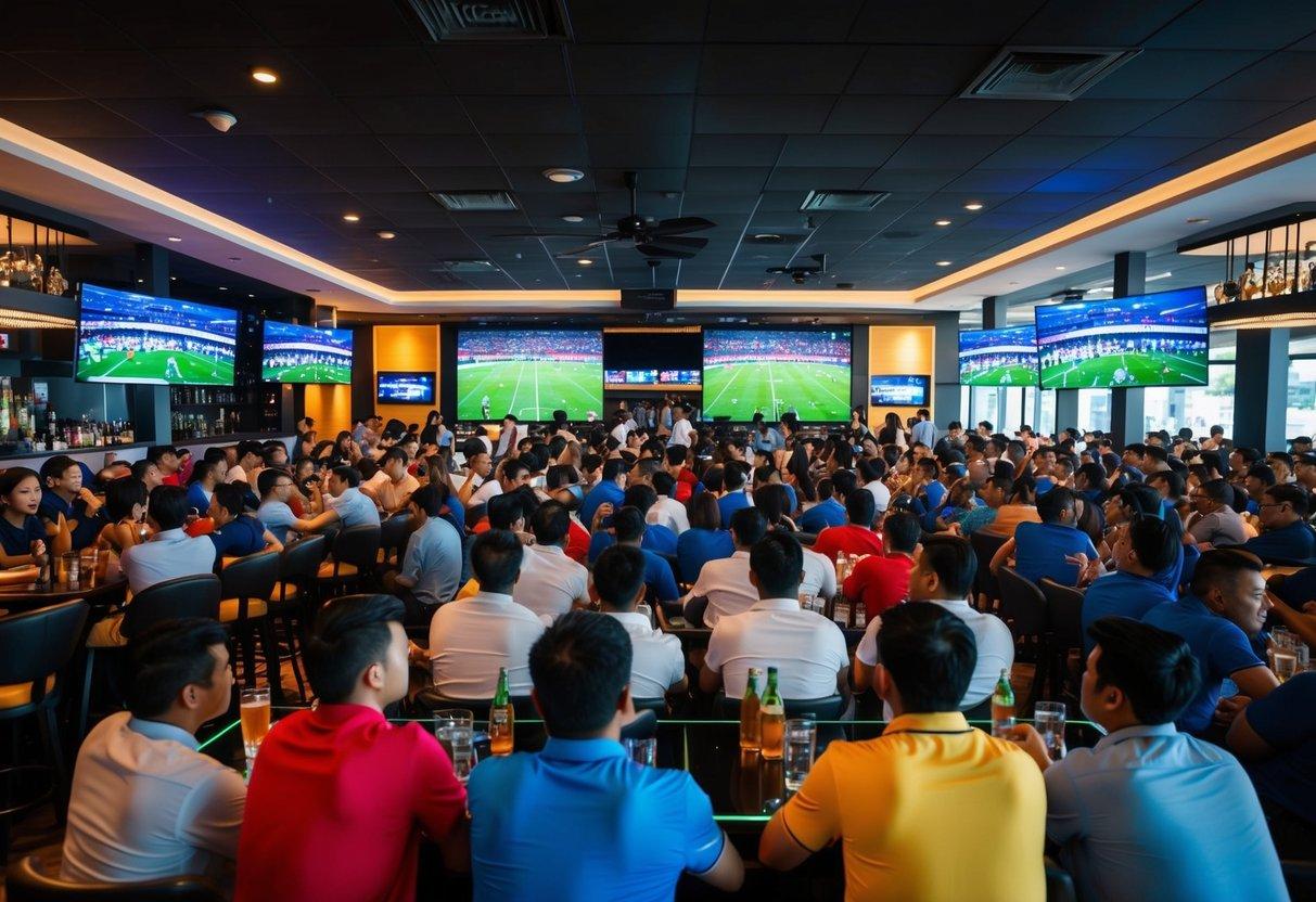 A lively crowd gathers in a spacious, modern sports bar in Bangkok, with large TV screens and comfortable seating, creating the perfect atmosphere for football viewing parties