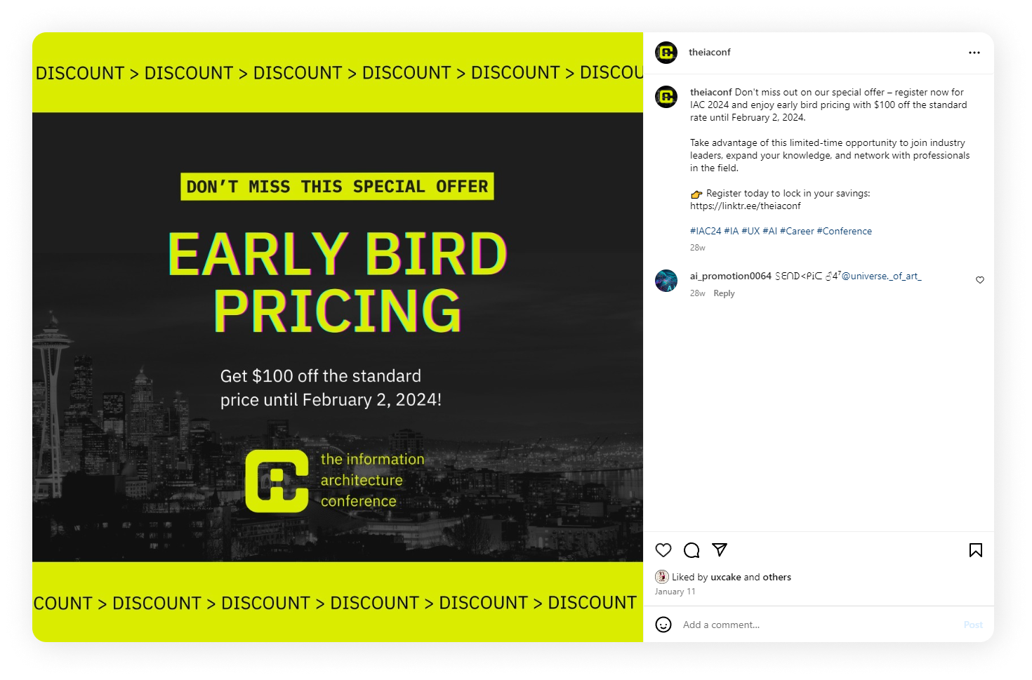 Screenshot advertising an early bird discount on Instagram