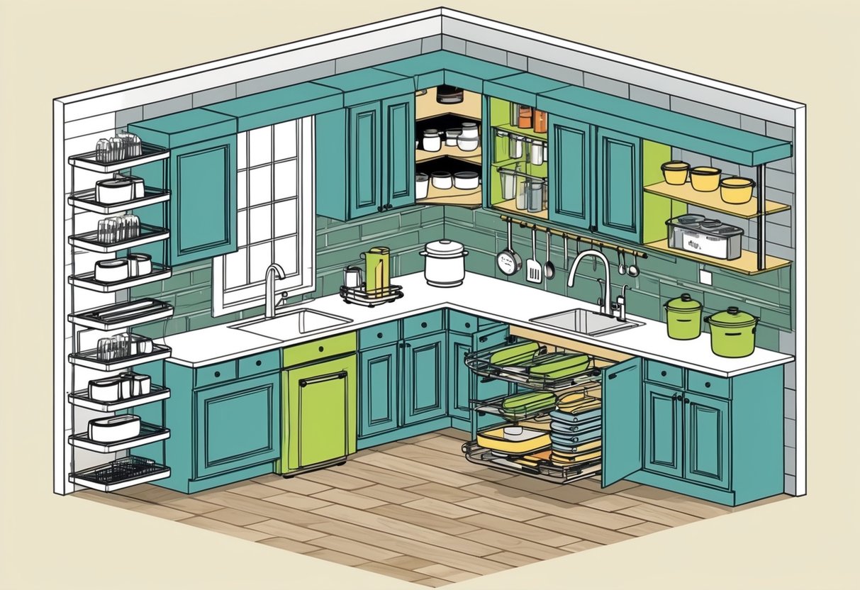 A kitchen with various smart storage solutions, including pull-out shelves, hanging racks, and stackable containers, maximizing space in a small area