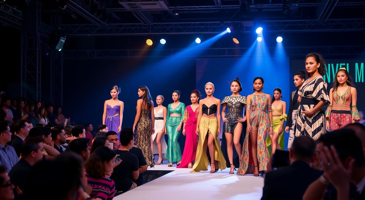 A vibrant runway scene filled with diverse models showcasing high-fashion attire, spotlighting intricate details in fabrics and accessories, surrounded by an enthusiastic audience, dramatic lighting highlighting bold colors and patterns, reflecting luxury and innovation in design.