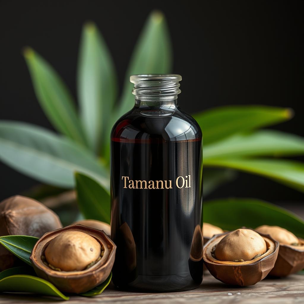 Tamanu oil in bottle with tamanu nuts and leaves