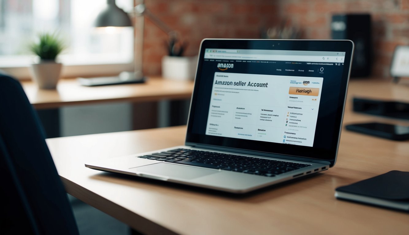 A laptop left open on a desk, with an Amazon seller account page displayed on the screen