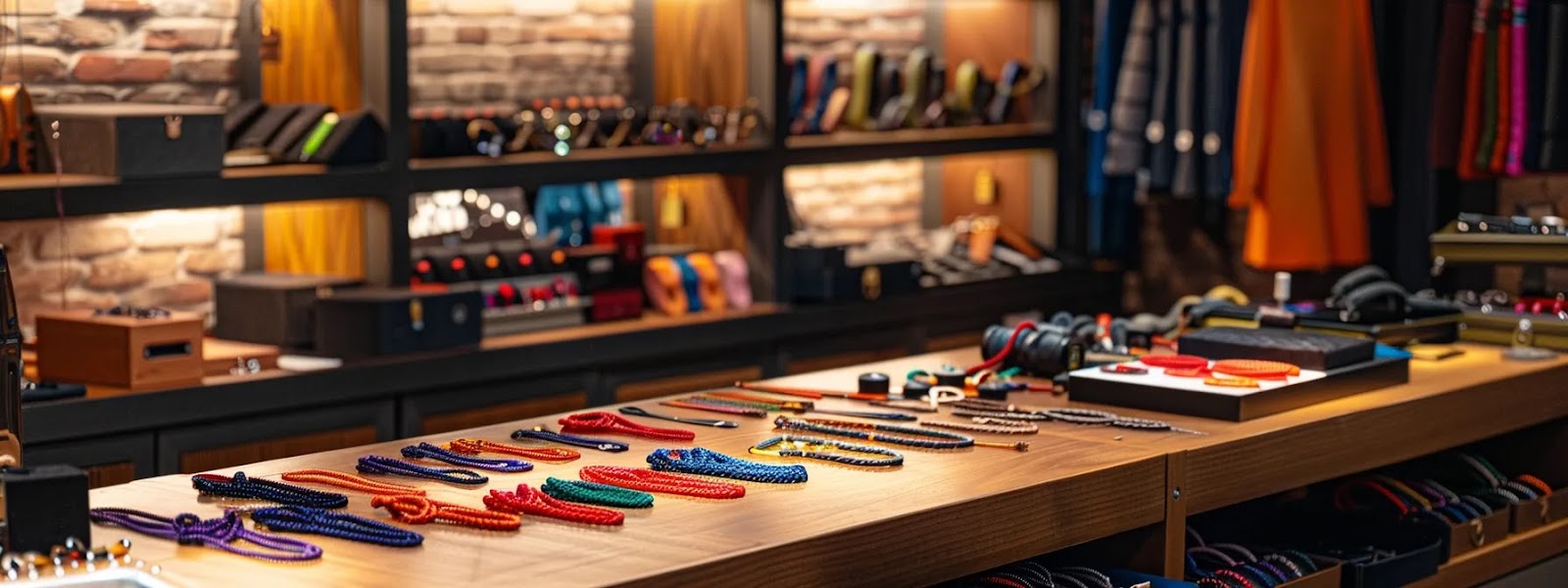 a stylish urban workspace showcases a vibrant array of custom chain jewelry pieces in progress, with colorful materials and tools elegantly arranged on a sleek table, illuminated by warm, focused lighting that highlights the intricate designs and craftsmanship.