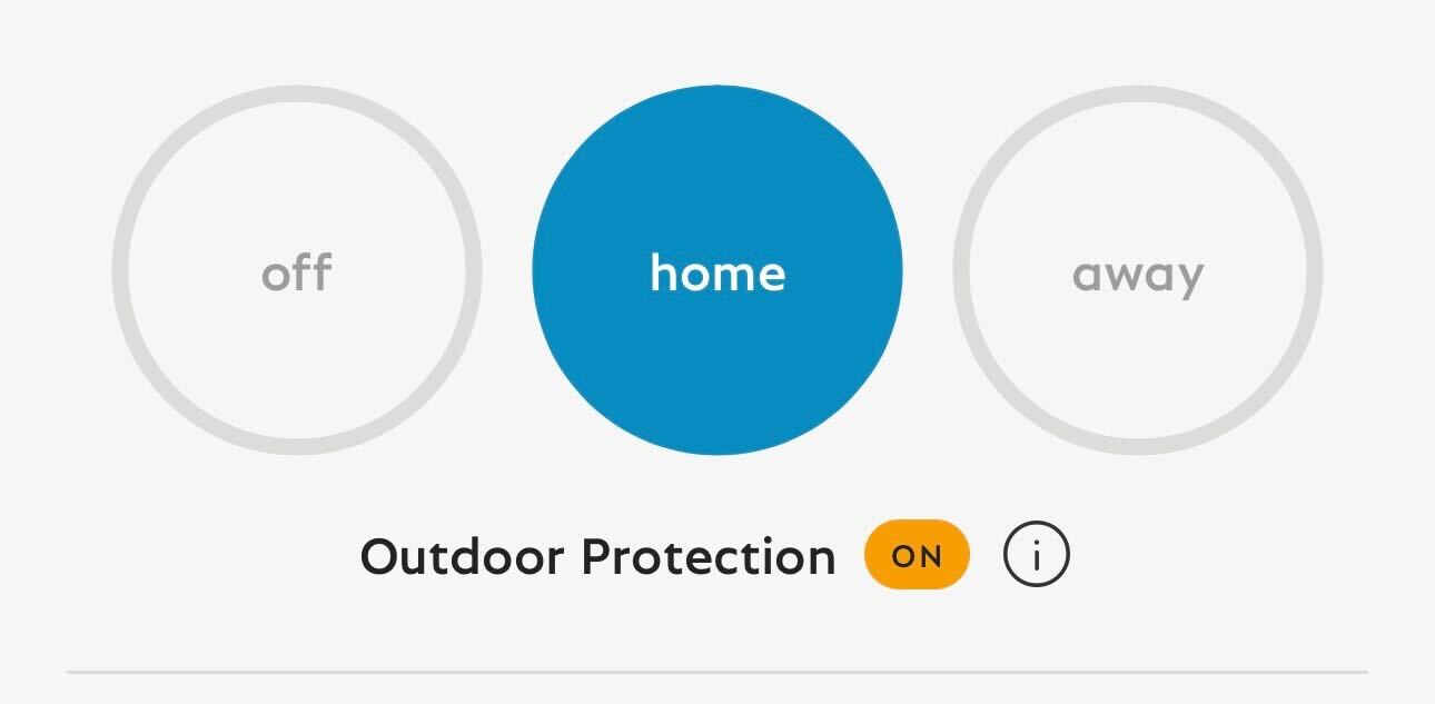 A snapshot of the Overview tab within the SimpliSafe® Mobile App. The system is set to Home mode, and there is a notation that Outdoor Protection is currently ON.