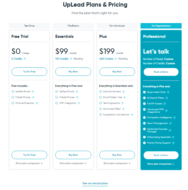 UpLead Pricing page