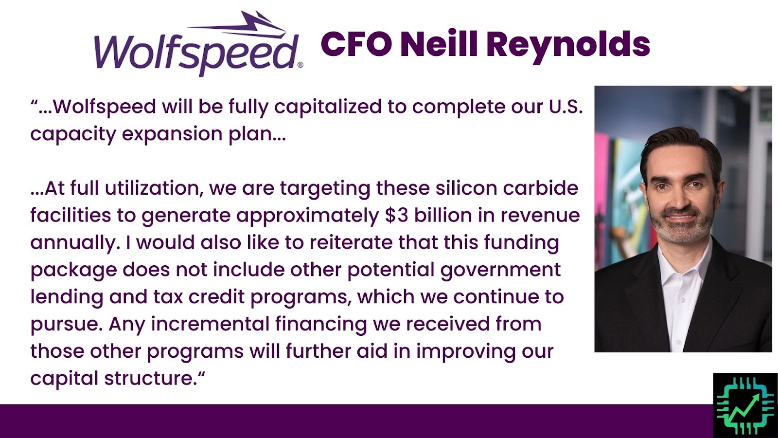A quote from Wolfspeed CFO Neill Reynolds outlining rationale for aggressive expansion of the SiC manufacturing capacity.