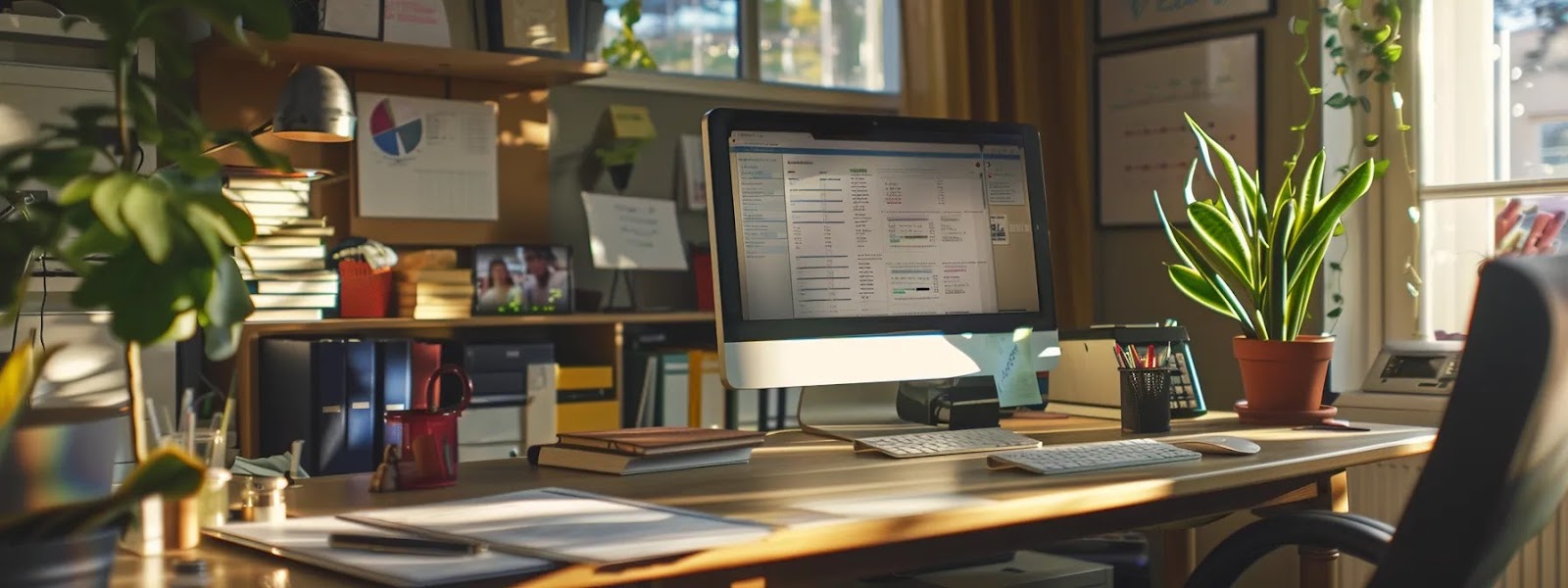 a busy office desk with a computer screen displaying sleek estate planning software, surrounded by organized paperwork and a satisfied client smiling.