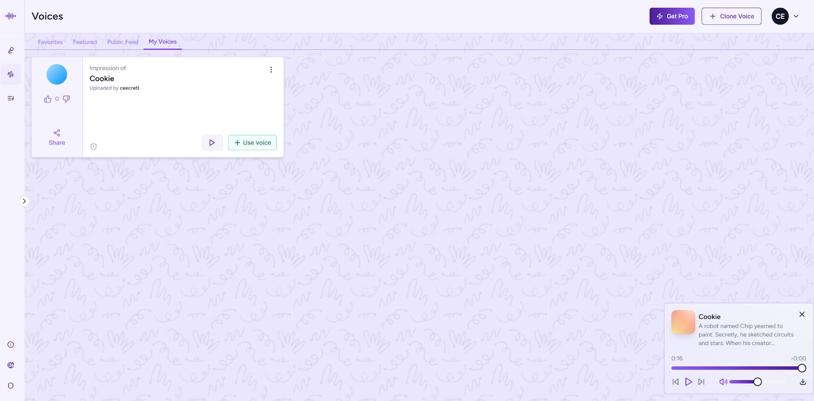 Voice AI interface showing a user-generated custom voice under the "My Voices" tab with playback and use options.