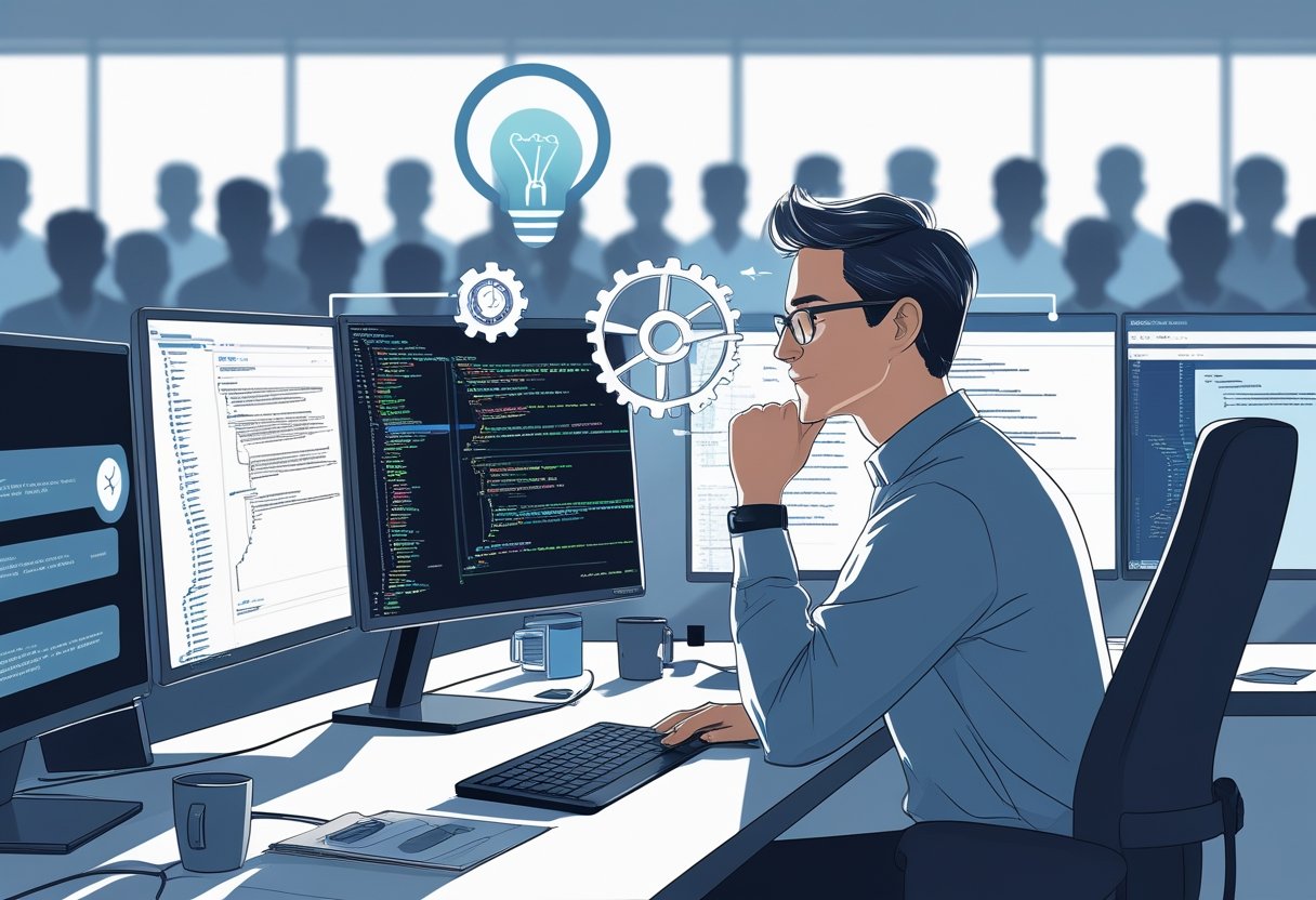 Un développeur concentré devant plusieurs écrans avec du code et des diagrammes, entouré de symboles représentant des compétences clés comme la compréhension, la conception, la qualité du code et la gestion du temps, avec en arrière-plan d'autres développeurs flous.