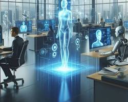 Image of Employees working with AI assistants in a modern office