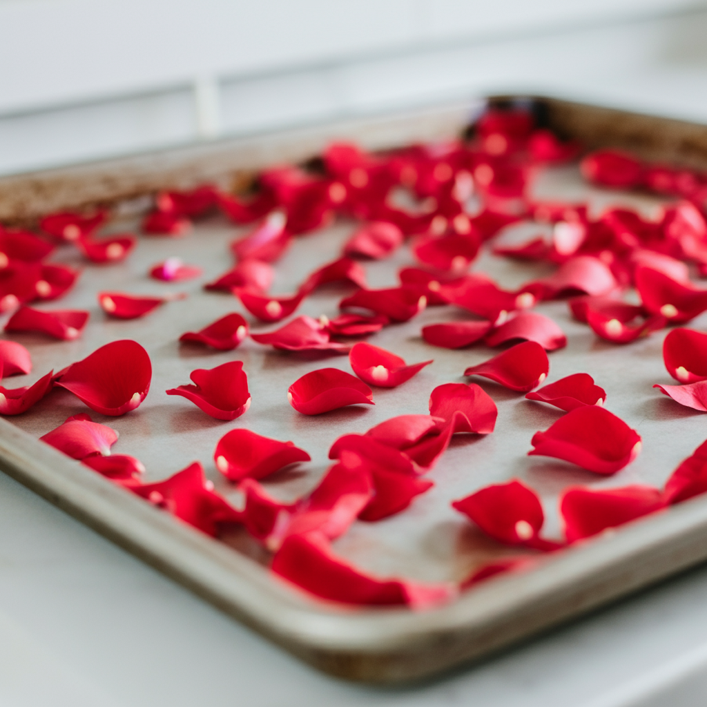 rose petals on metal sheet tray