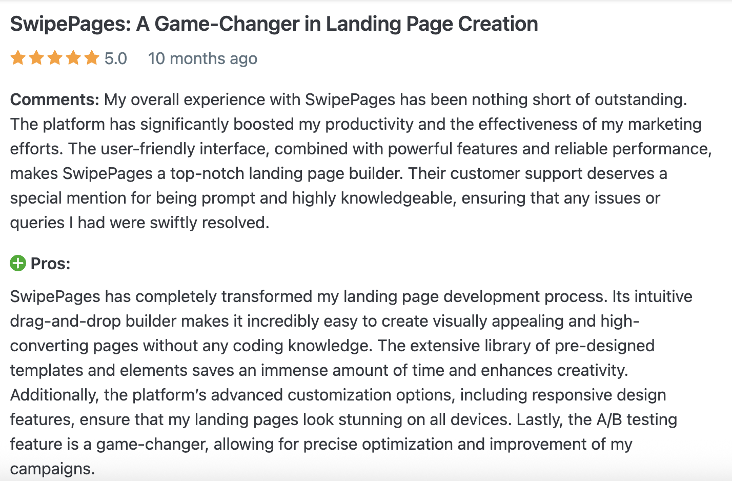 Screenshot of a user review for Swipe Pages excellent customer support 