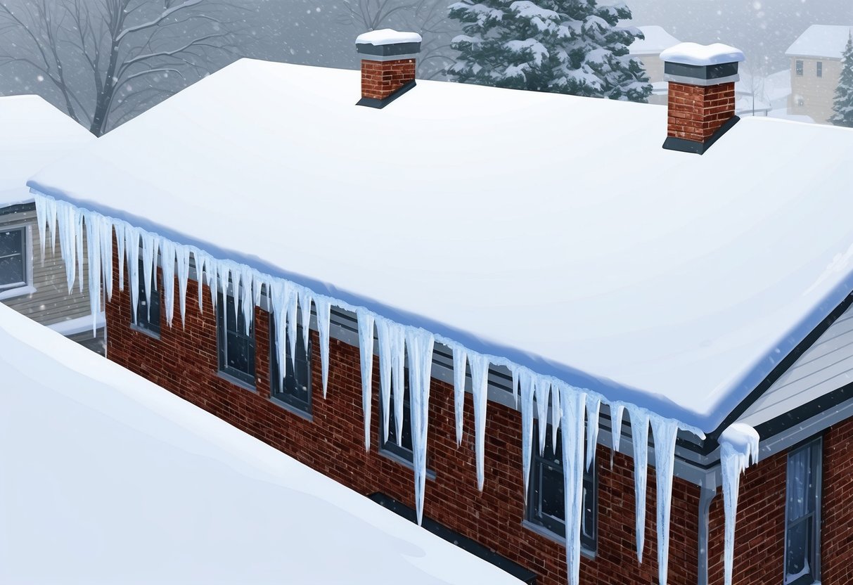 Snow-covered rooftops with icicles hanging from the edges, a heavy snowfall and strong winds creating potential hazards for roofing in Illinois