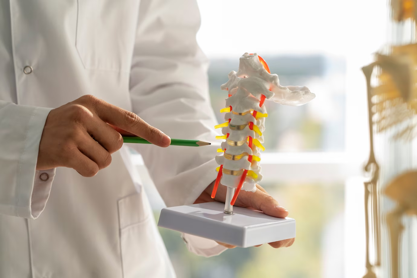 Foto do tórax de um homem vestindo um jaleco médico, segurando um lápis em uma das mãos e na outra miniatura da coluna vertebral humana.